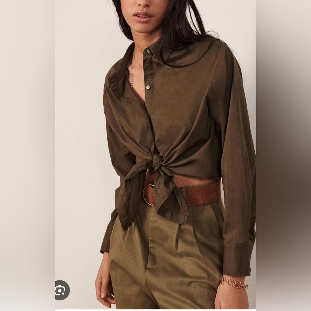 ba&sh Khaki “Toan” Button-Down Tie-Front Shirt